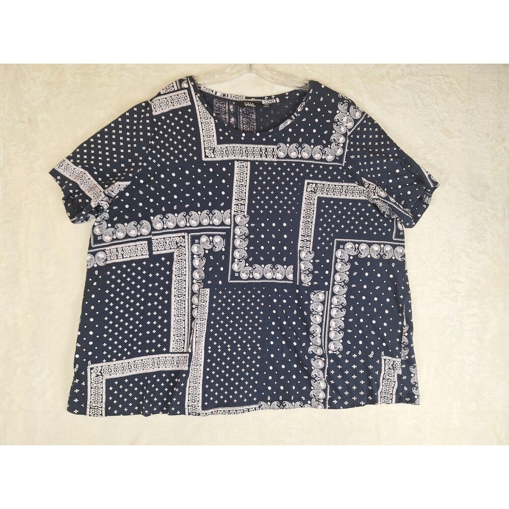 Ulla Popken Womens 24/26 Top Navy Blue Punk Floral Short Sleeve Cotton Pull Over